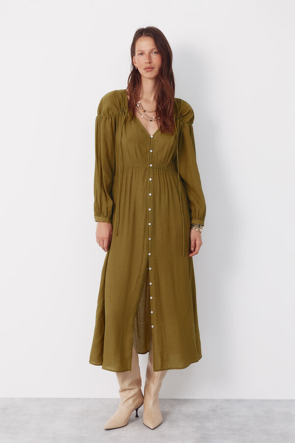 Cortefiel Vestido con cuello en pico y cord&oacute;n Amarillo