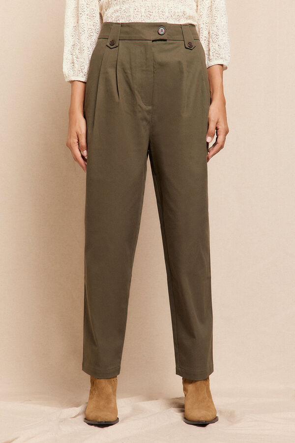 Slowlove Pantal&oacute;n de sarga con pinzas trabillas para el cintur&oacute;n bolsillos funcionales laterales pernera ancha cierre mediante cierre oculto y bot&oacute;n Verde oscuro