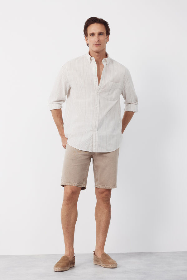 Cortefiel Camisa rayas algod&oacute;n slub Beige