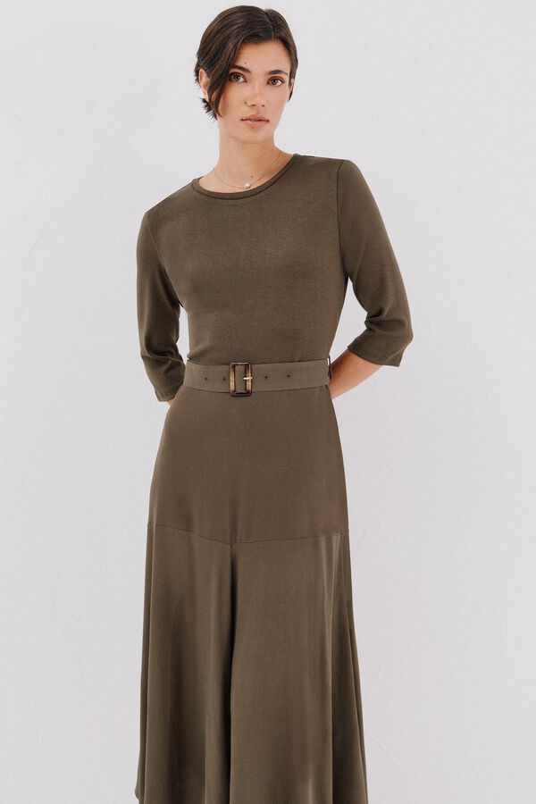 Cortefiel Vestido combinado cintur&oacute;n Kaki