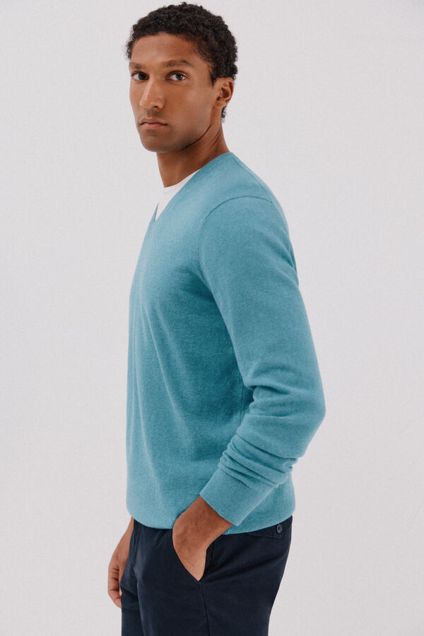 Cortefiel Su&eacute;ter algod&oacute;n cashmere cuello pico Azul