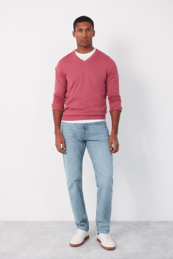 Cortefiel Jersey punto algod&oacute;n cuello pico b&aacute;sico Rosa