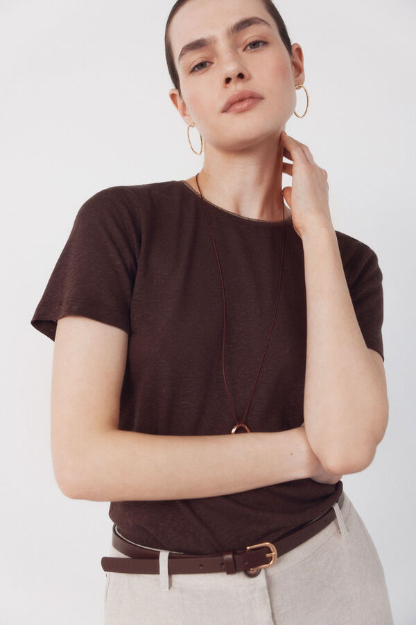 Cortefiel Playera de lino con escote lurex Marr&oacute;n oscuro