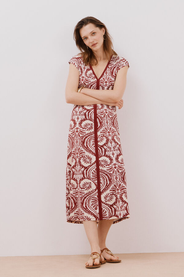 Cortefiel Vestido escote pico contraste Estampado granate