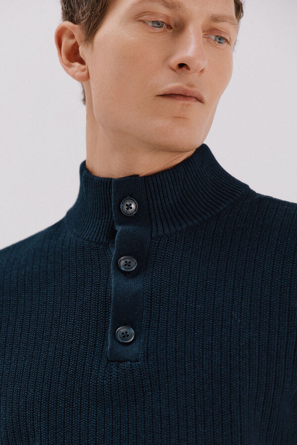 Cortefiel Su&eacute;ter de algod&oacute;n con estructura y cuello alto con botones Azul marino