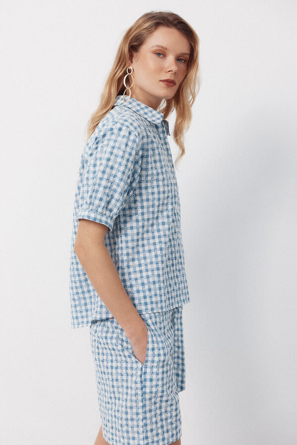 Cortefiel Blusa de estampado vichy bordada Estampado azul