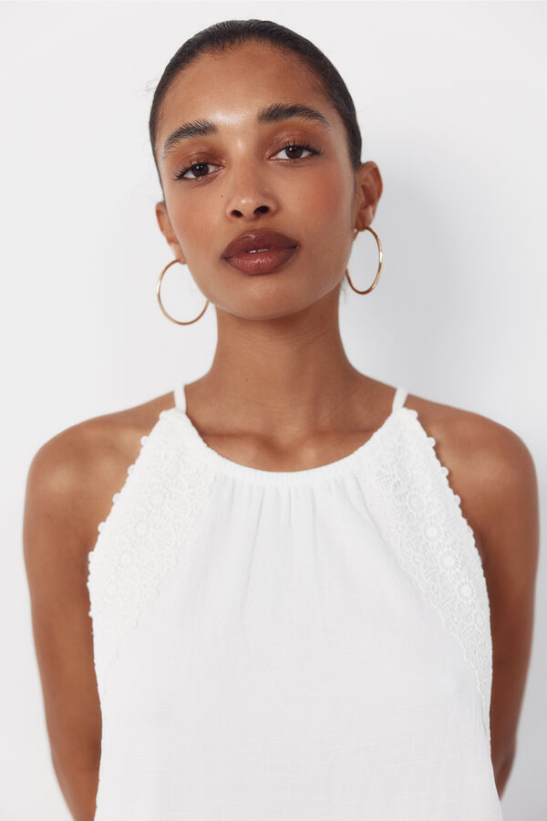 Cortefiel Vestido halter con cinta de crochet floral Blanco