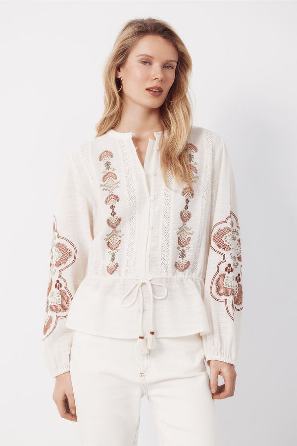 Cortefiel Blusa bordada con cintura ajustable Marfil