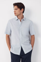 Cortefiel Camisa algod&oacute;n lino cuadros manga corta Azul