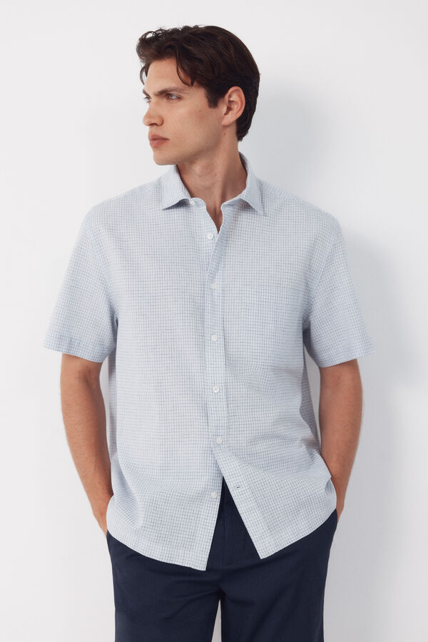 Cortefiel Camisa algod&oacute;n lino cuadros manga corta Azul