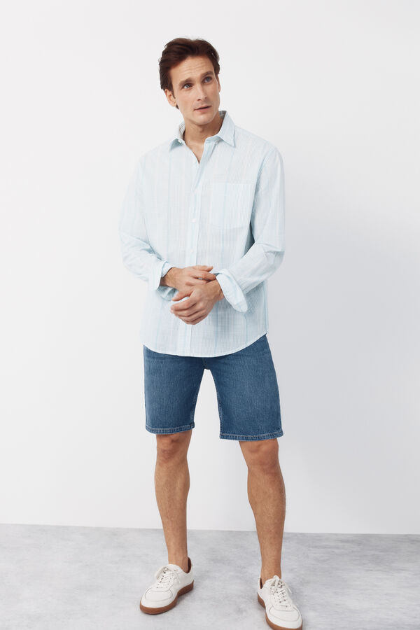 Cortefiel Camisa rayas algod&oacute;n slub Azul