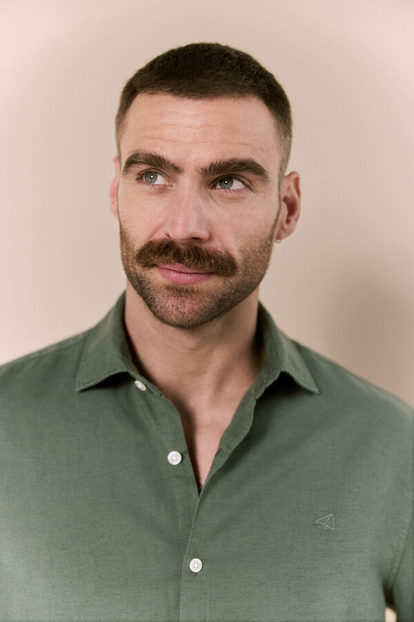 OOTO Camisa algod&oacute;n lino manga larga Kaki