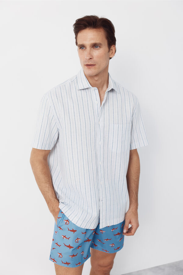 Cortefiel Camisa algod&oacute;n lino rayas manga corta Azul