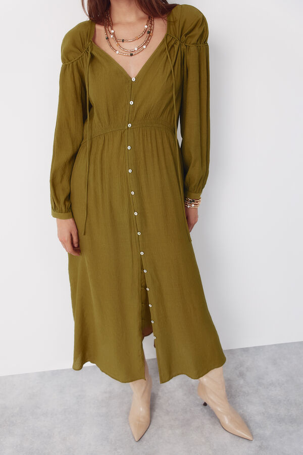 Cortefiel Vestido con cuello en pico y cord&oacute;n Amarillo