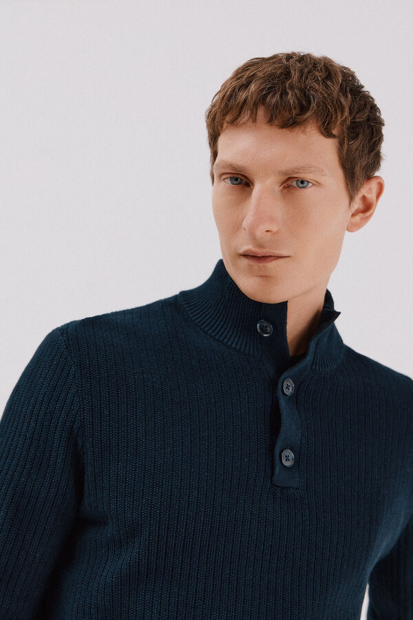 Cortefiel Su&eacute;ter de algod&oacute;n con estructura y cuello alto con botones Azul marino