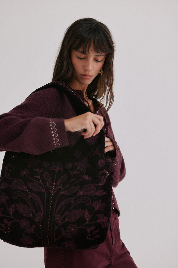 Hoss Intropia Nuria. Bolsa hobo de terciopelo bordado Granate