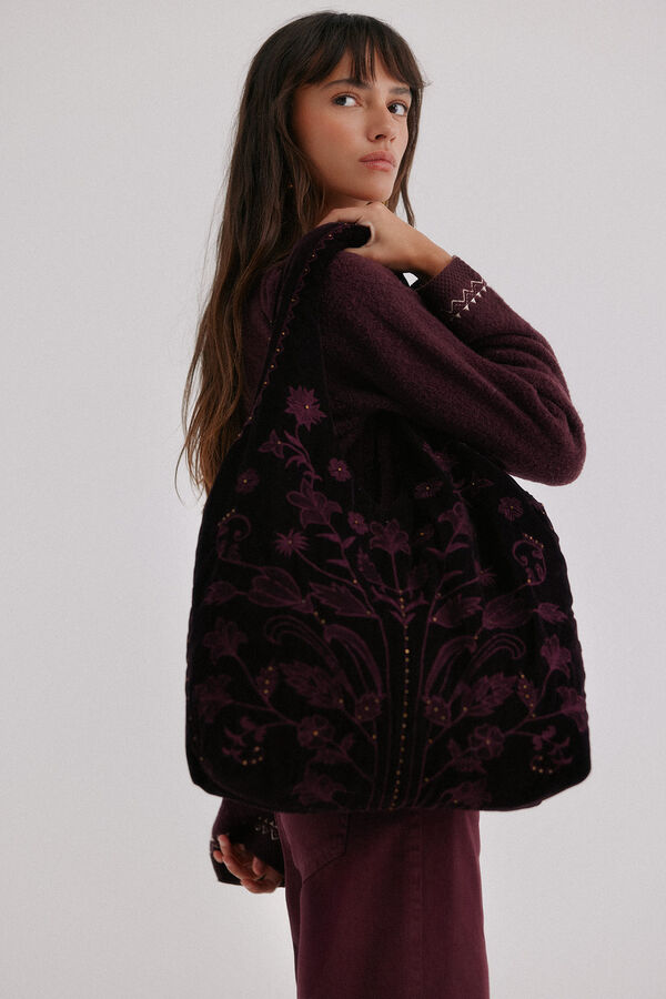 Hoss Intropia Nuria. Bolsa hobo de terciopelo bordado Granate