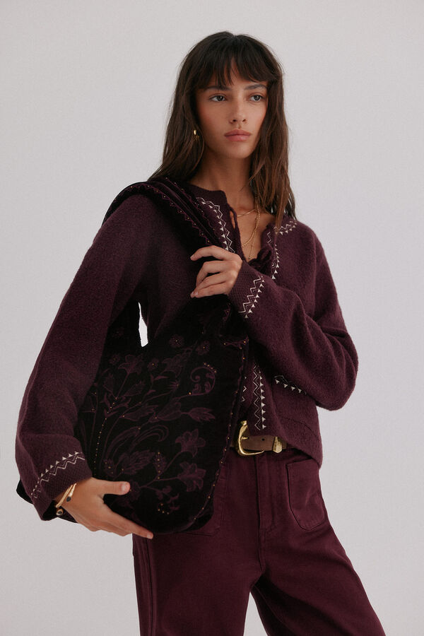 Hoss Intropia Nuria. Bolsa hobo de terciopelo bordado Granate