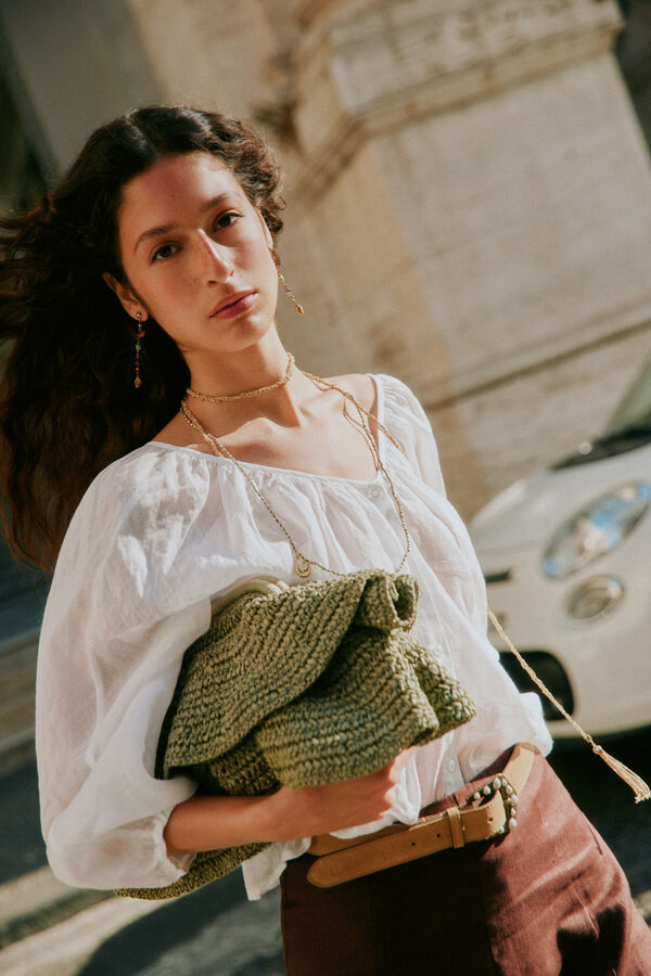 Hoss Intropia Nagore. Bolsa de fibras naturales con volantes Kaki