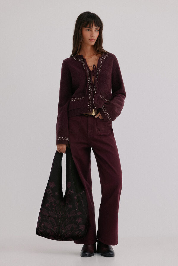 Hoss Intropia Nuria. Bolsa hobo de terciopelo bordado Granate