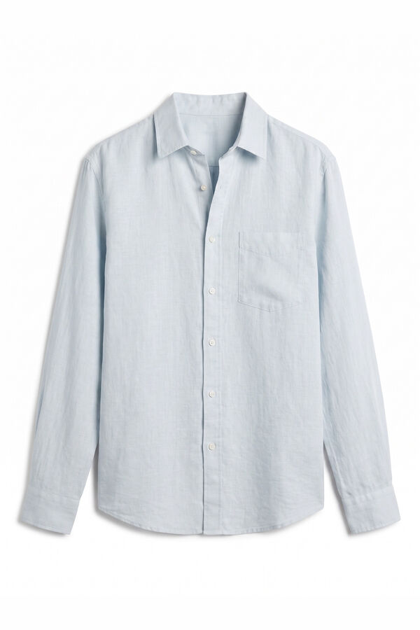 OOTO Camisa algod&oacute;n lino lisa manga larga Azul