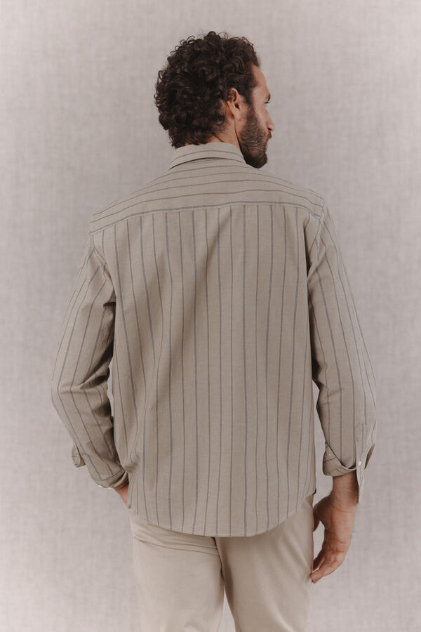 OOTO Camisa de popel&iacute;n de rayas manga larga Kaki