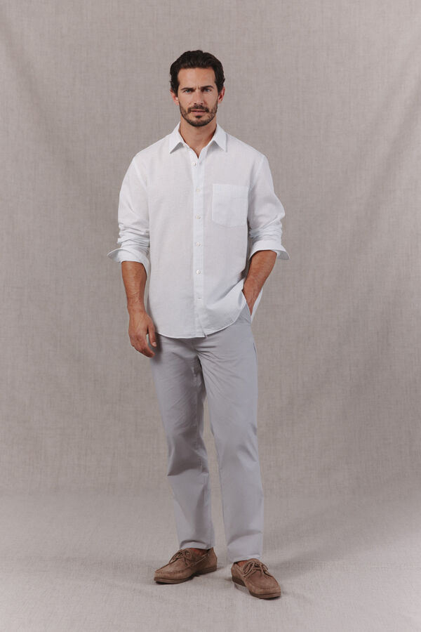 OOTO Camisa algod&oacute;n lino rayas manga larga Blanco