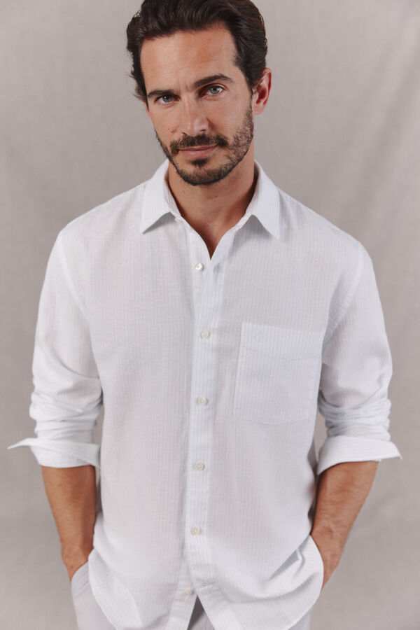 OOTO Camisa algod&oacute;n lino rayas manga larga Blanco