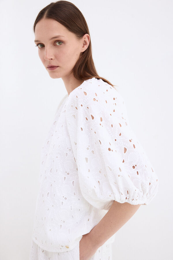 Pedro del Hierro Top manga al codo calado Blanco