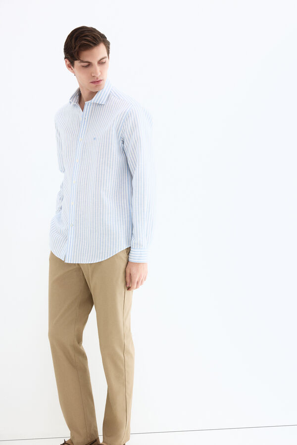 Pedro del Hierro Camisa de vestir rayas lino f&aacute;cil plancha Azul
