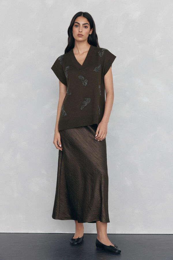 Pedro del Hierro Chaleco de punto con cuello en pico y pedrer&iacute;a bordada Verde