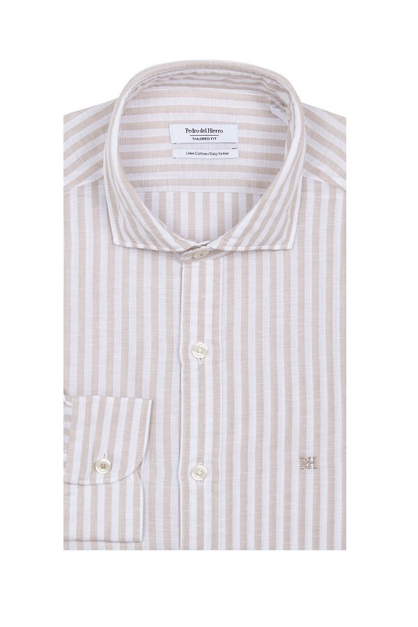 Pedro del Hierro Camisa de vestir rayas lino f&aacute;cil plancha Beige