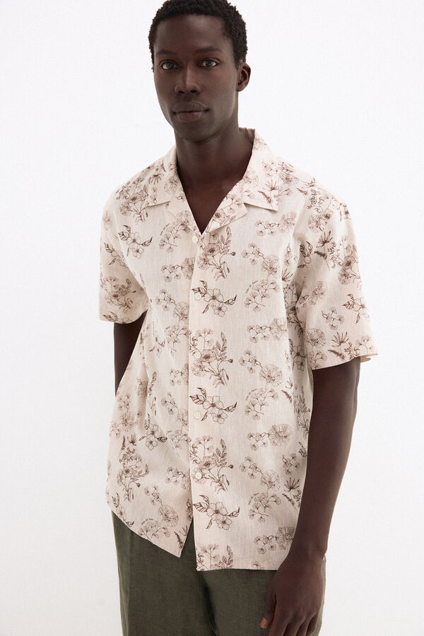 Pedro del Hierro Camisa estampada manga corta lino algod&oacute;n Beige