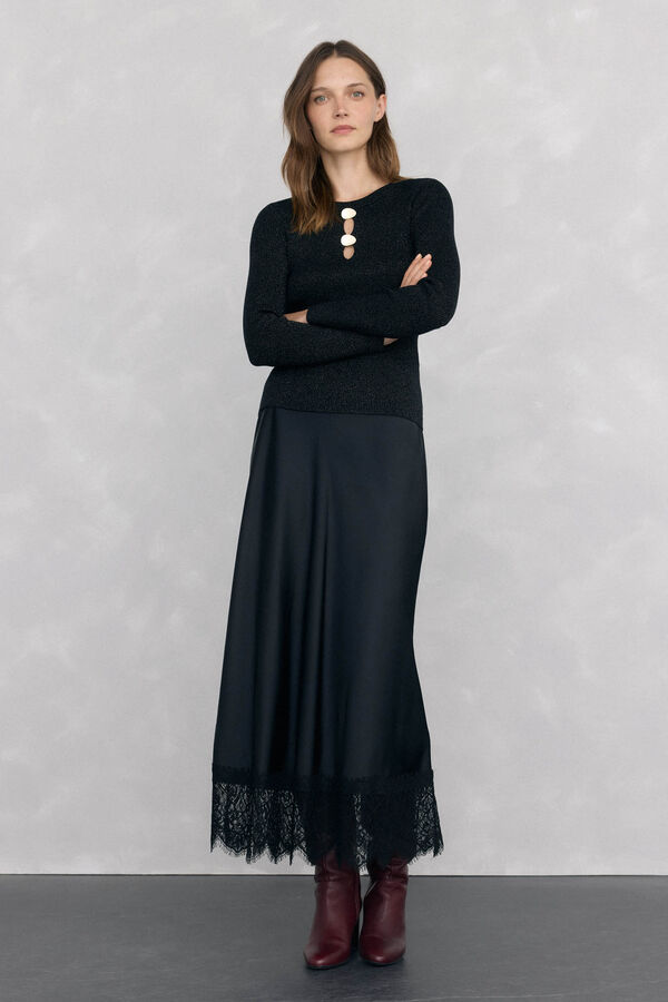 Pedro del Hierro Falda larga satinada con detalles de encaje Negro