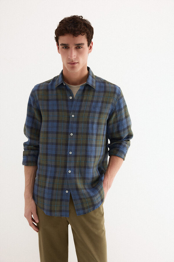 Pedro del Hierro Camisa lino cuadros Azul
