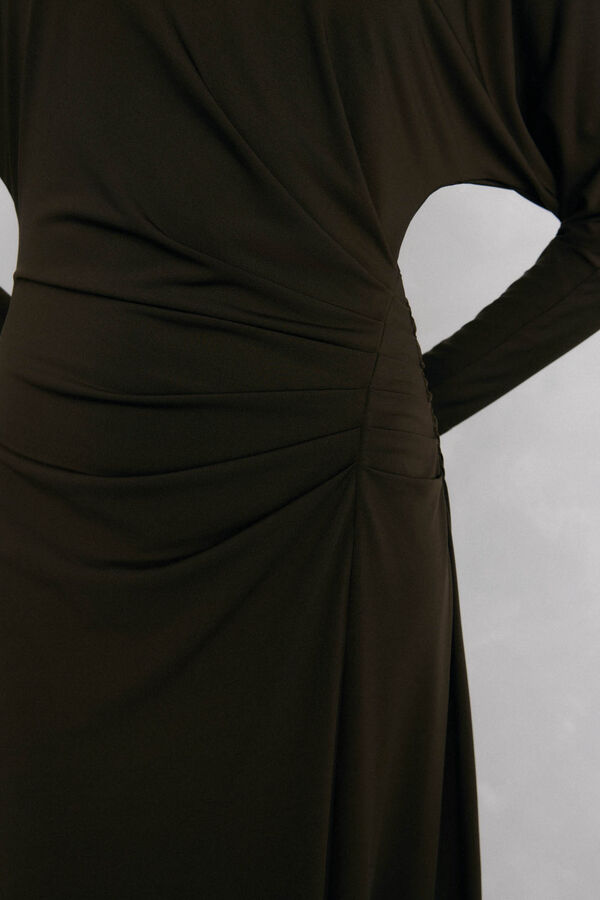 Pedro del Hierro Vestido midi de punto fruncido de manga larga Marr&oacute;n