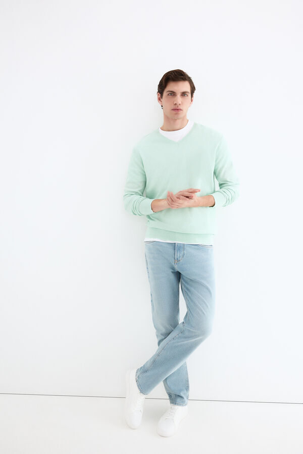 Pedro del Hierro Jersey lino cuello pico fino Verde