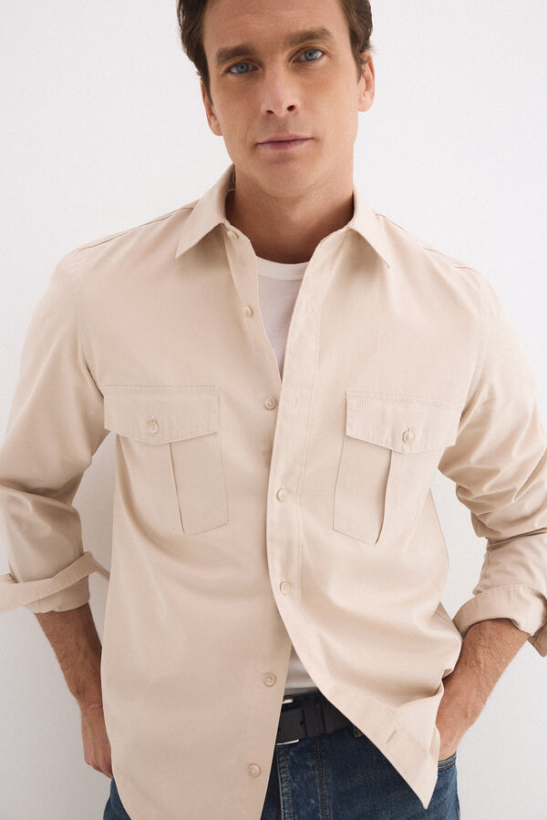 Pedro del Hierro Camisa lisa twill bolsillos Beige