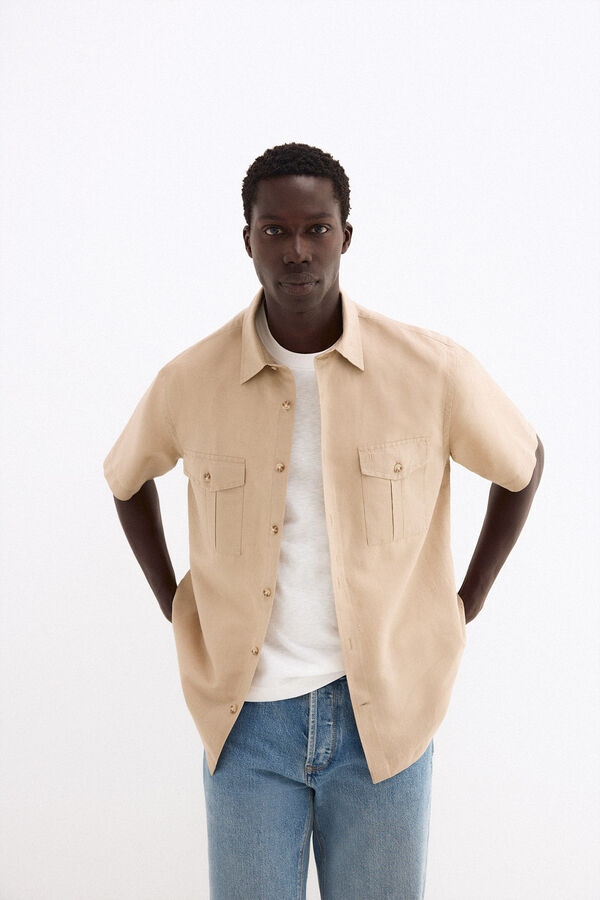 Pedro del Hierro Camisa lino manga corta bolsillos Beige