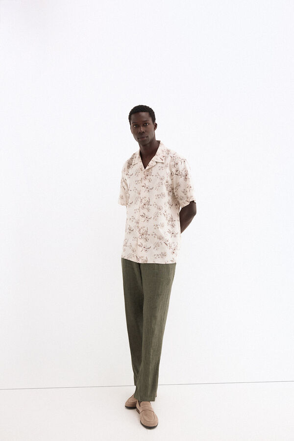 Pedro del Hierro Camisa estampada manga corta lino algod&oacute;n Beige