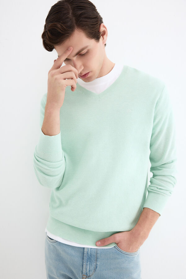 Pedro del Hierro Jersey lino cuello pico fino Verde