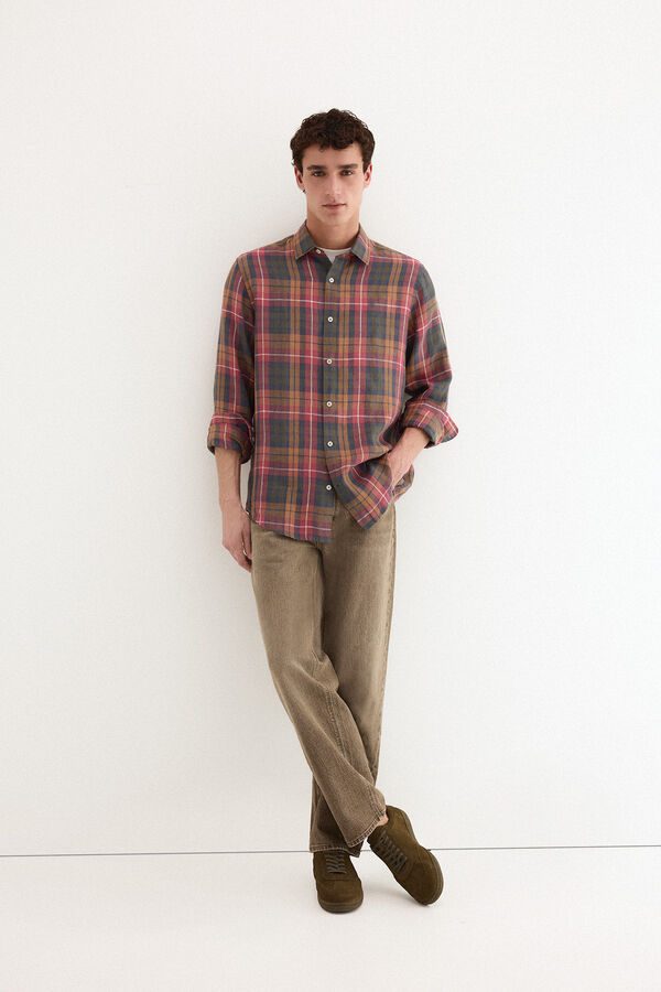 Pedro del Hierro Camisa lino cuadros Burdeos