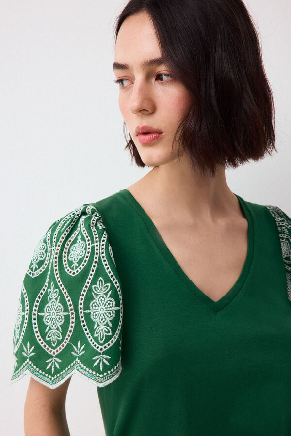 Pedro del Hierro Camiseta manga volante bordado Verde