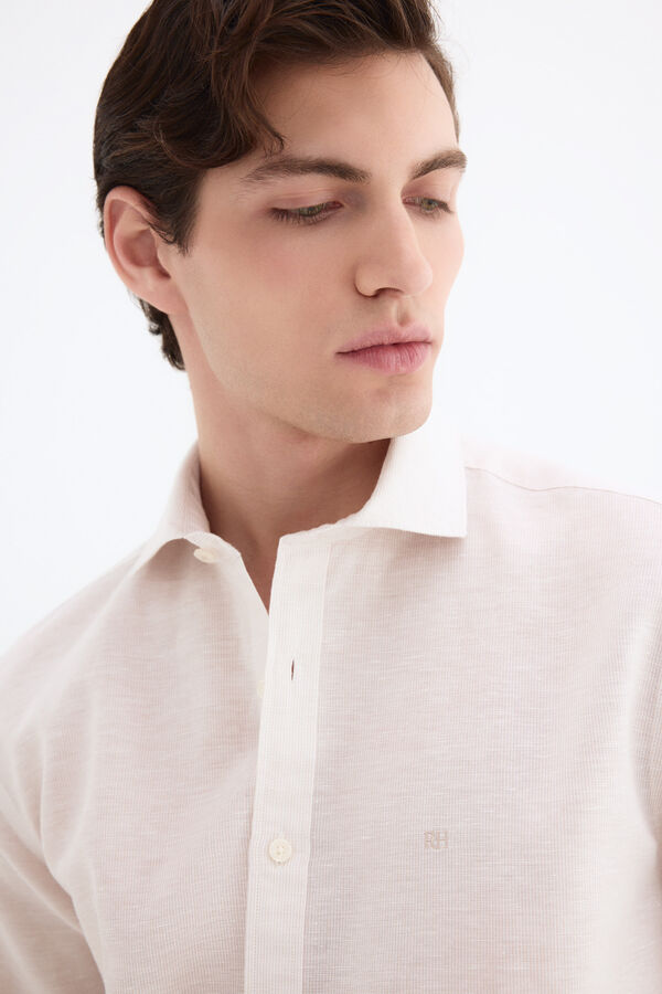 Pedro del Hierro Camisa de vestir rayas lino f&aacute;cil plancha Beige