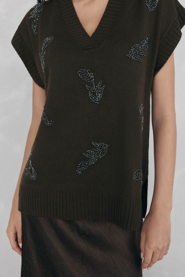 Pedro del Hierro Chaleco de punto con cuello en pico y pedrer&iacute;a bordada Verde