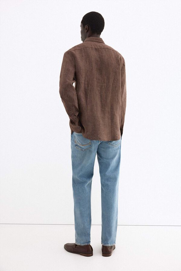 Pedro del Hierro Camisa lino rayas tejido italiano Marr&oacute;n