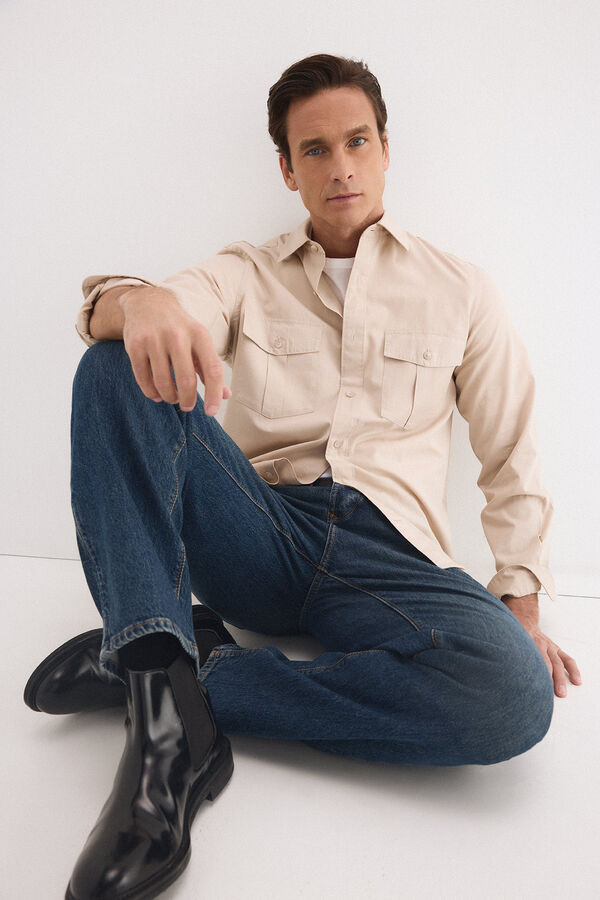 Pedro del Hierro Camisa lisa twill bolsillos Beige