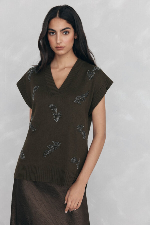 Pedro del Hierro Chaleco de punto con cuello en pico y pedrer&iacute;a bordada Verde