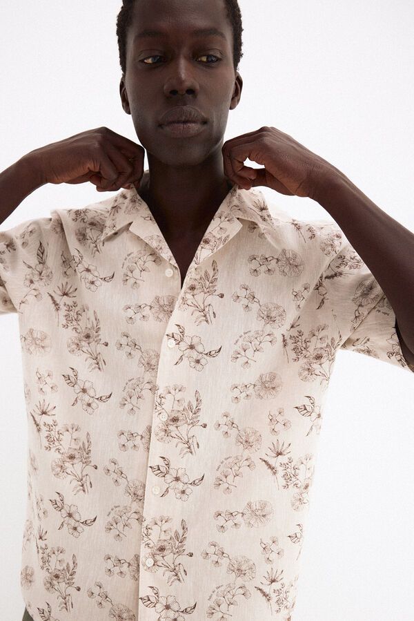 Pedro del Hierro Camisa estampada manga corta lino algod&oacute;n Beige