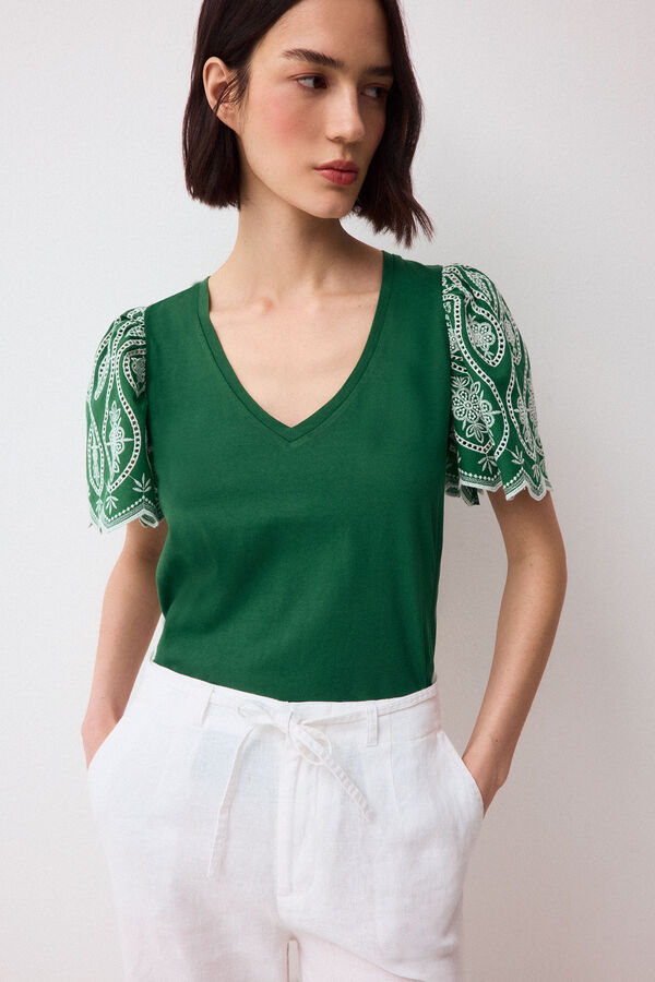 Pedro del Hierro Camiseta manga volante bordado Verde